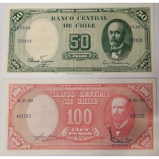 CHILE 1960 . FIFTY 50 and ONE HUNDRED 100 PESOS BANKNOTE. OVERPRINT